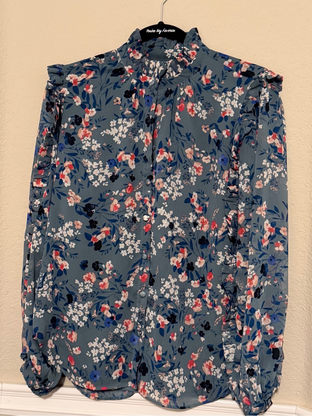Ann Taylor Blue Floral Ruffle-Sleeve Blouse